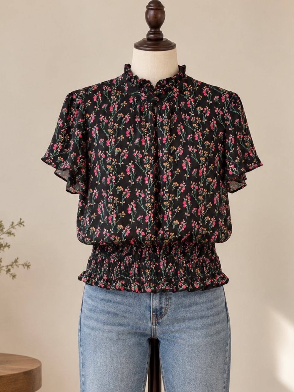 Rose + Olive Black Floral Smocked Blouse L Romantic Cottagecore Flutter Sleeve